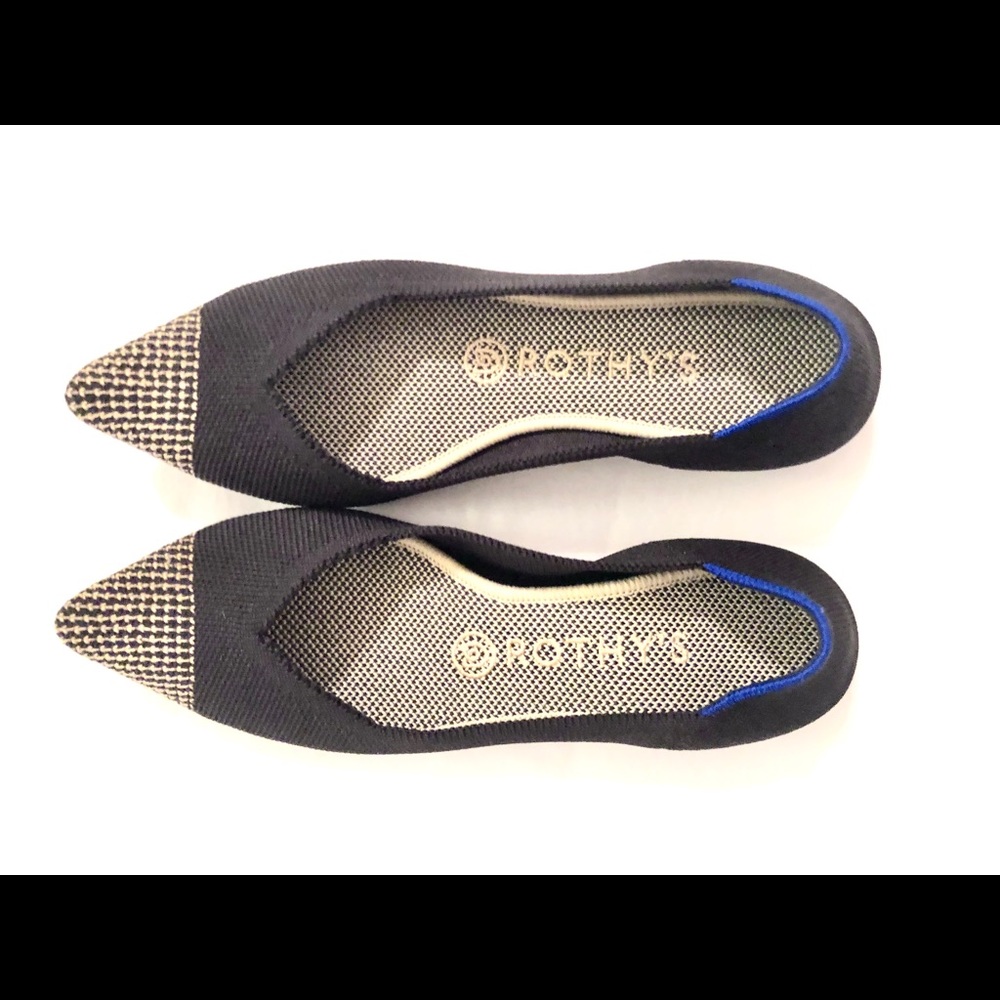 Rothy’s Black Pointed Embroidered Gold Shoe